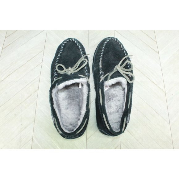 LL Bean Black Suede Shearling Lined Wicked Good Moccasins Slippers 9 M - Picture 6 of 8